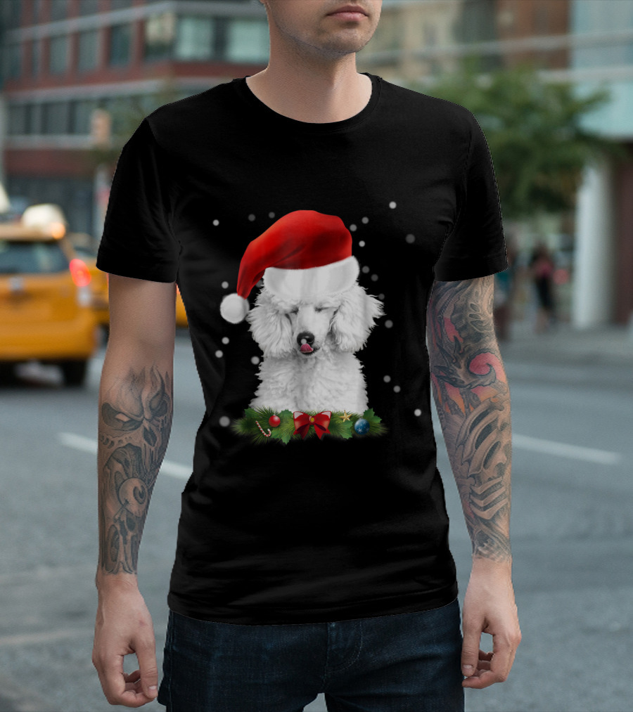 Standard Poodle in Santa Hat Licking Snowflakes with Festive Christmas Decor T-Shirt