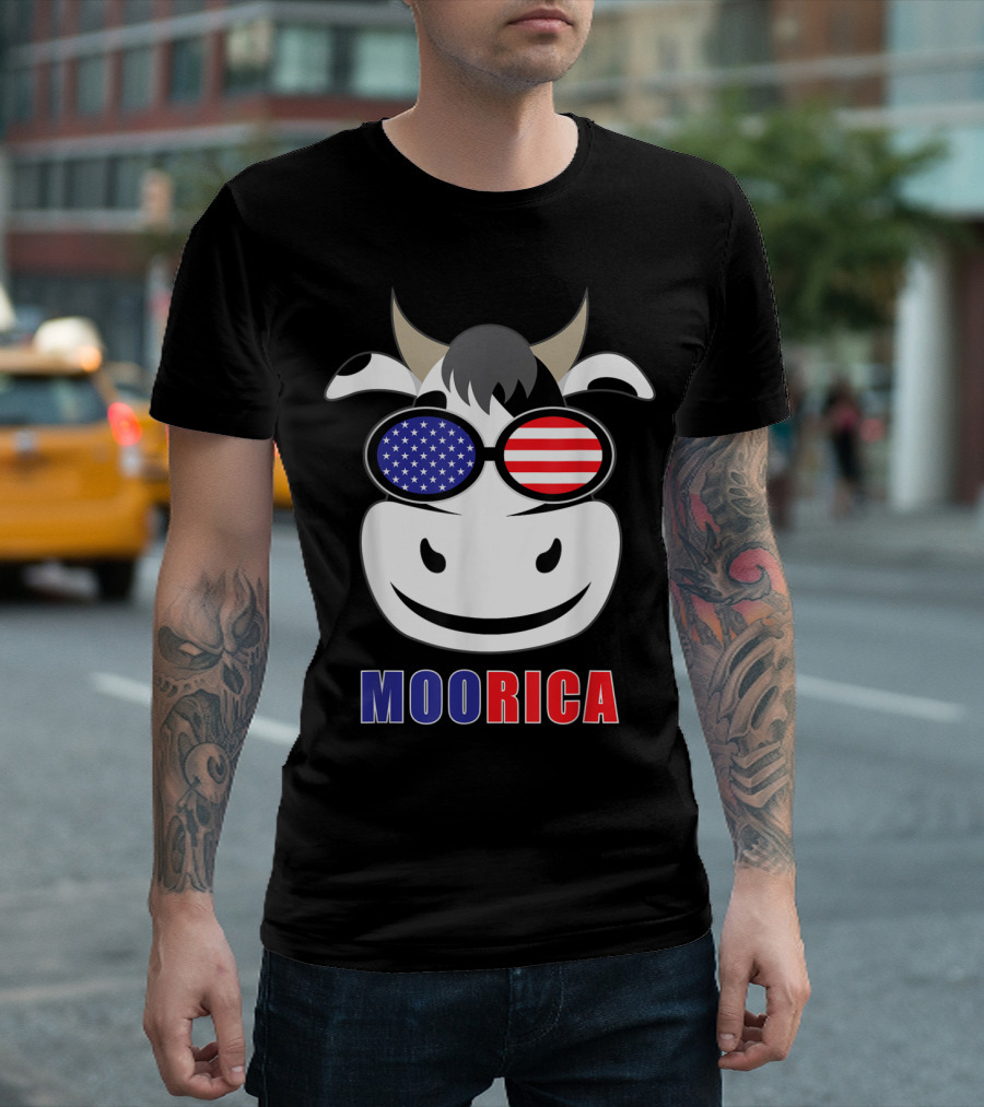 Patriotic Cow With American Flag Glasses Moorica T-Shirt