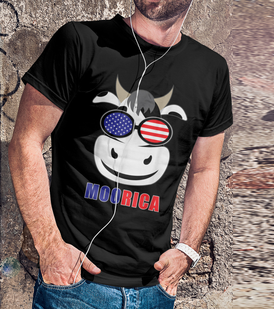 Patriotic Cow With American Flag Glasses Moorica T-Shirt
