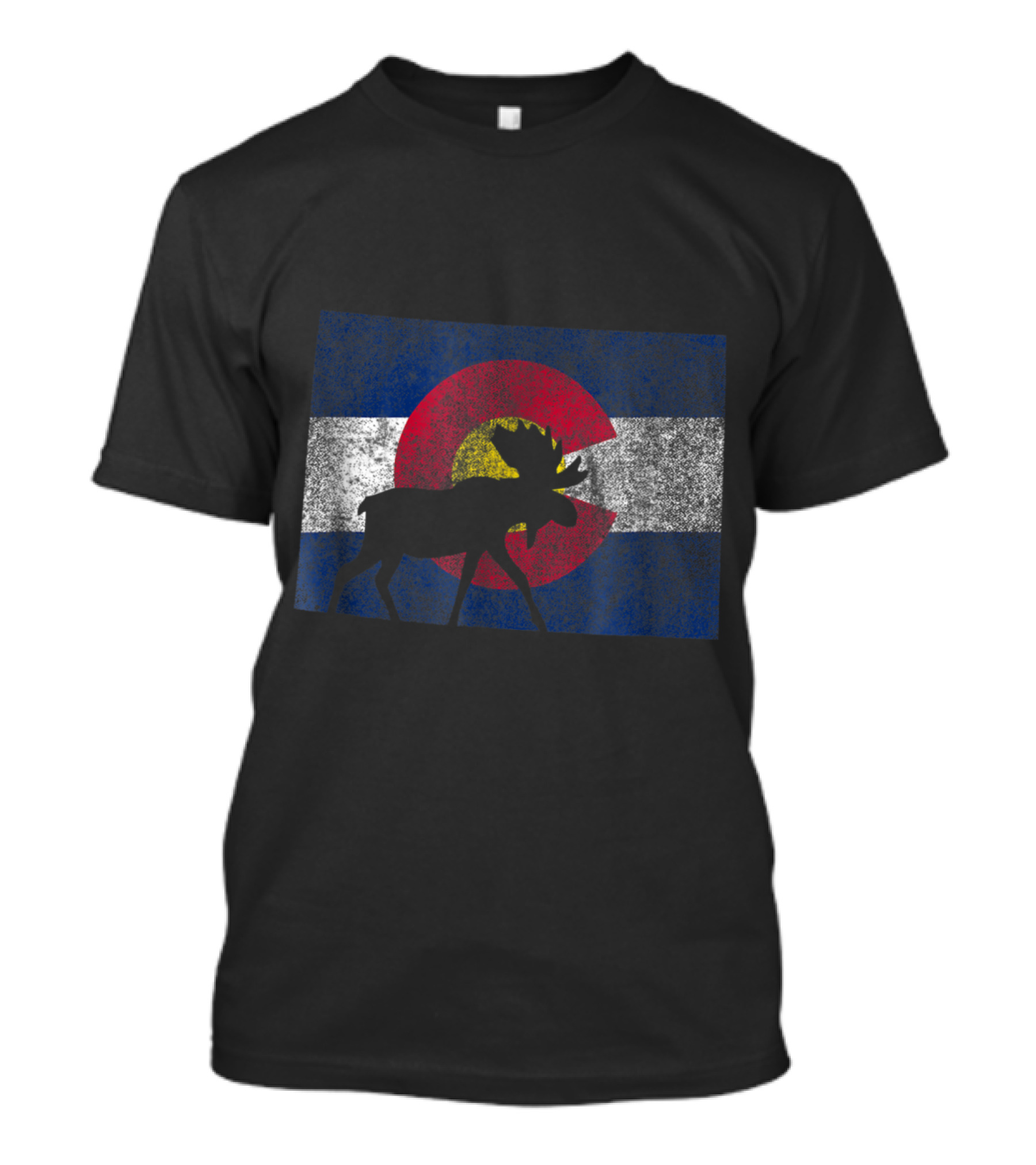 Moose Silhouette Over Colorado Flag Cool Hiking T-Shirt