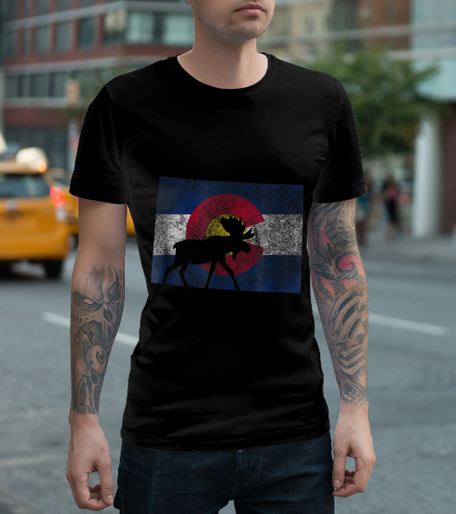 Moose Silhouette Over Colorado Flag Cool Hiking T-Shirt