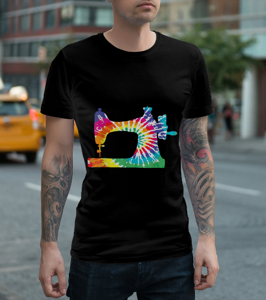 Retro Hippie Rainbow Tie-Dye Sewing Machine T-Shirt