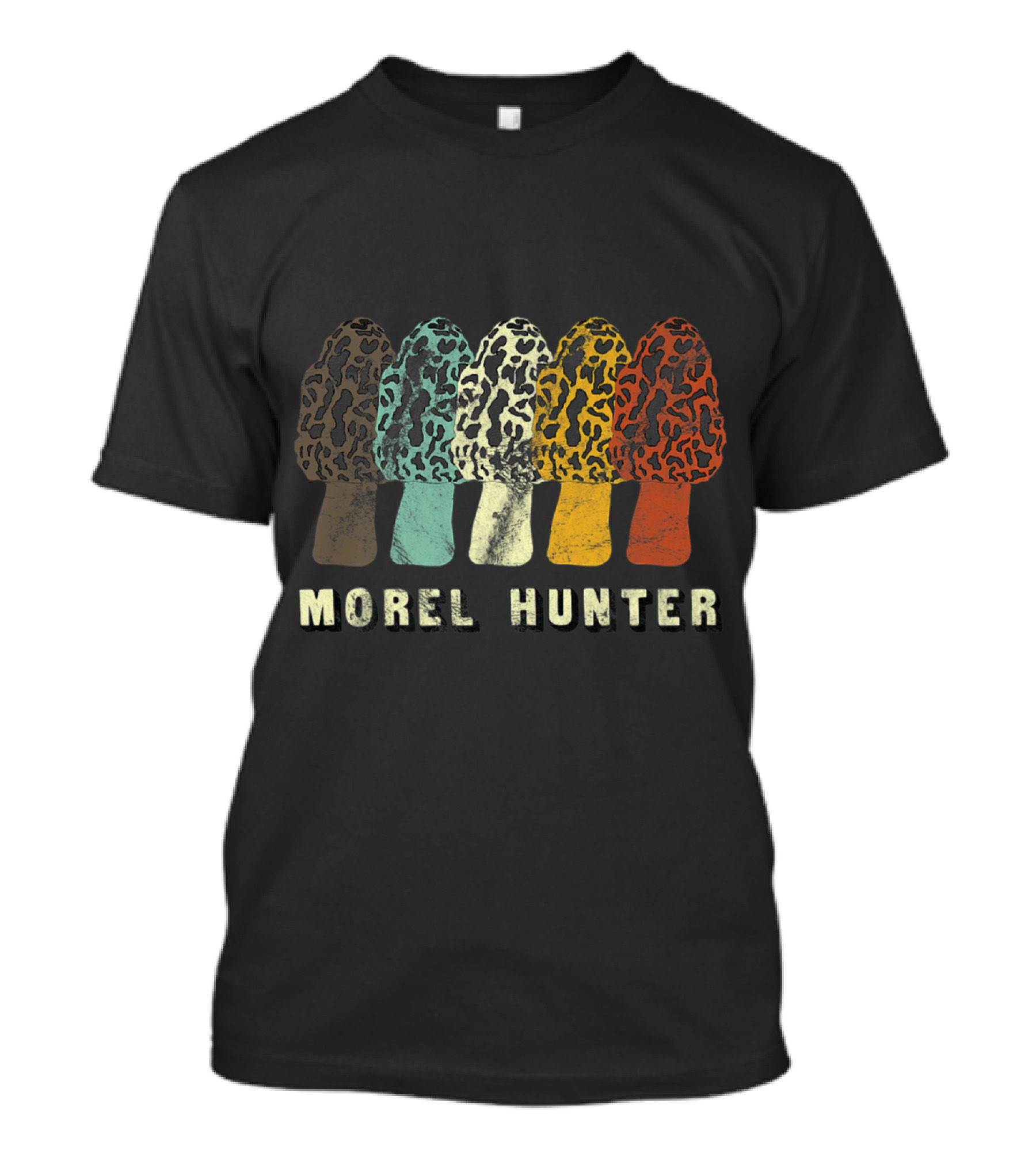 Colorful Morel Hunter Distressed Fun Mushroom Hunting Lineup T-Shirt