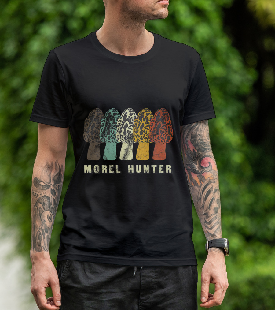 Colorful Morel Hunter Distressed Fun Mushroom Hunting Lineup T-Shirt