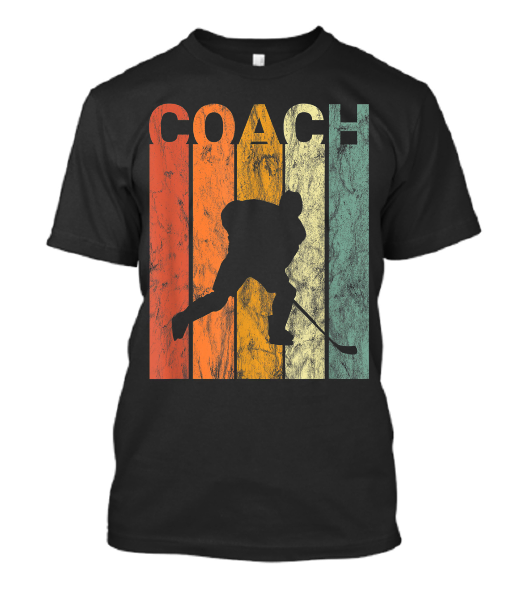 Retro Ice Hockey COACH Silhouette Skating On Vintage Stripes T-Shirt