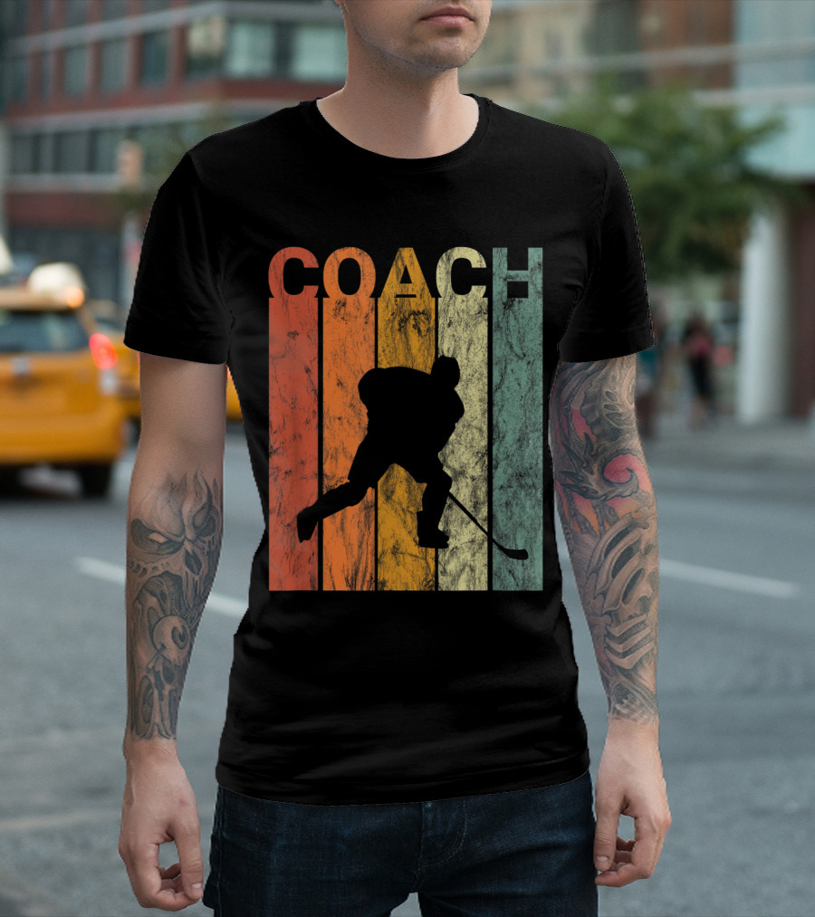 Retro Ice Hockey COACH Silhouette Skating On Vintage Stripes T-Shirt