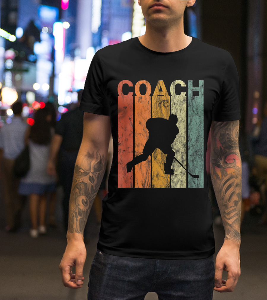 Retro Ice Hockey COACH Silhouette Skating On Vintage Stripes T-Shirt