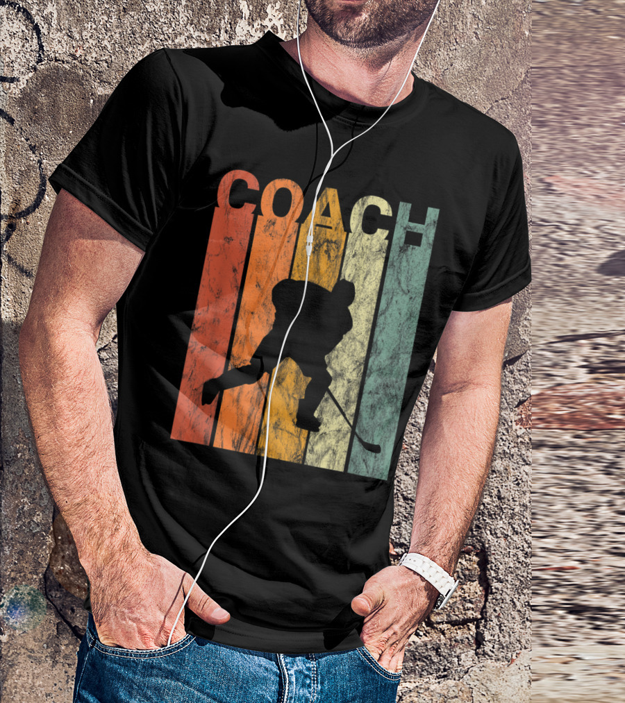 Retro Ice Hockey COACH Silhouette Skating On Vintage Stripes T-Shirt