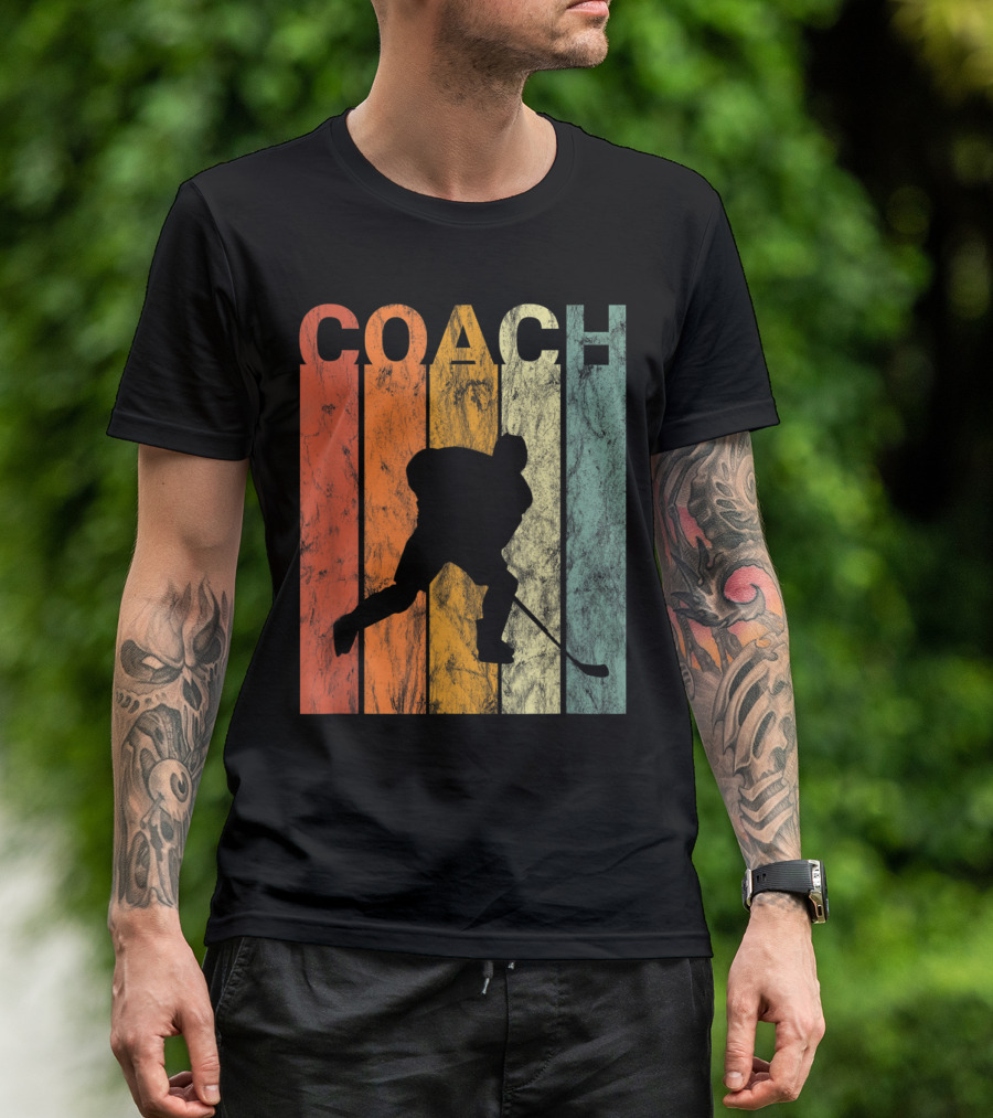Retro Ice Hockey COACH Silhouette Skating On Vintage Stripes T-Shirt