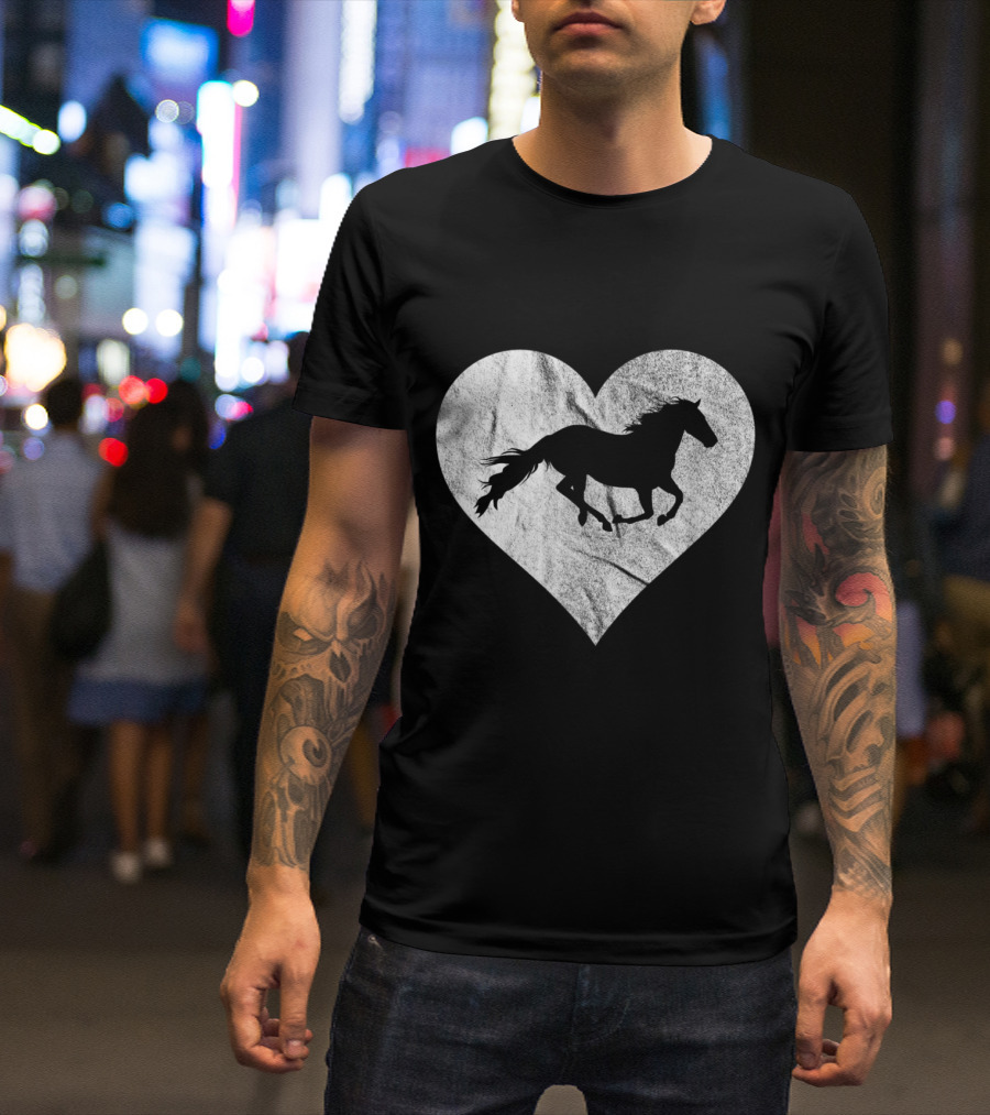Love Horses Girls Running Silhouette Distressed Heart Riding T-Shirt