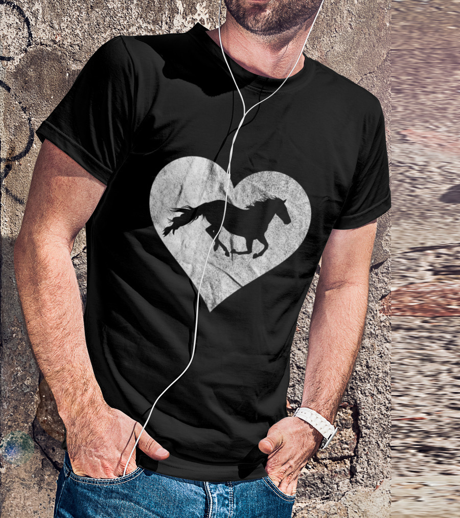 Love Horses Girls Running Silhouette Distressed Heart Riding T-Shirt