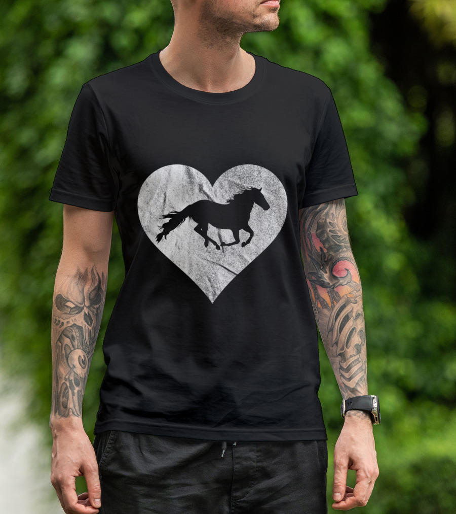 Love Horses Girls Running Silhouette Distressed Heart Riding T-Shirt