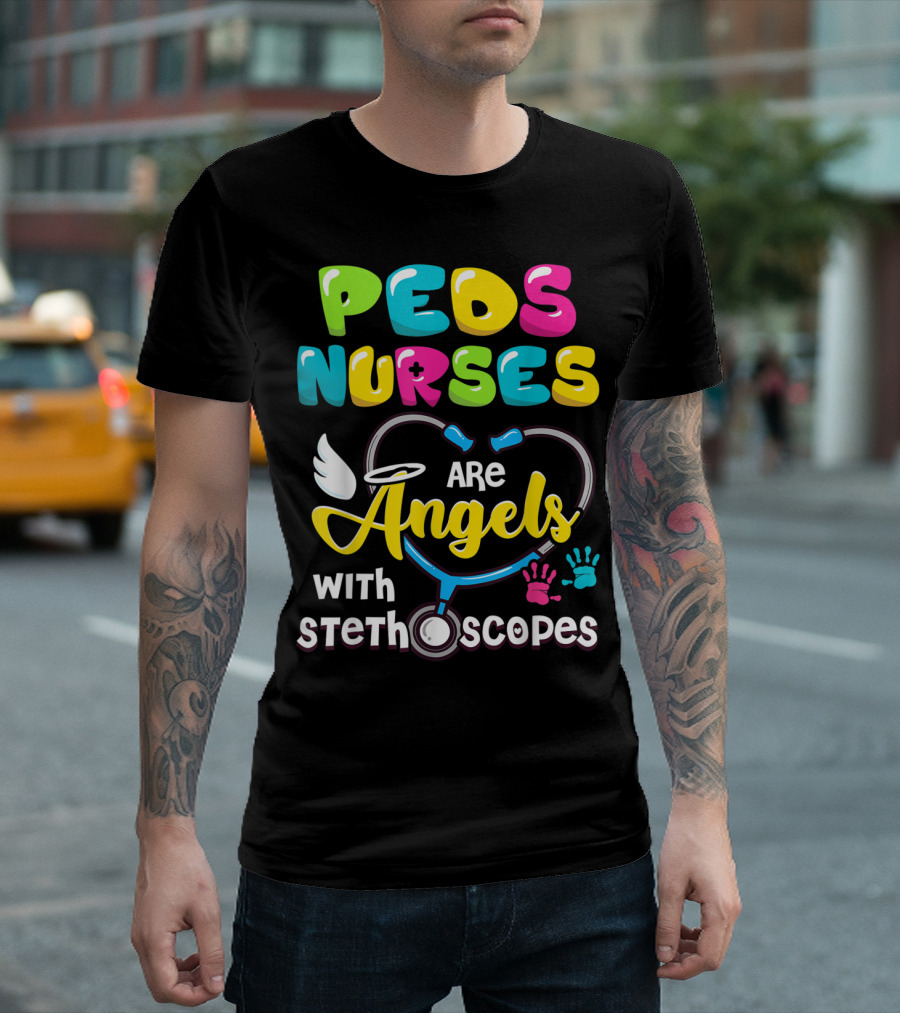 Peds Nurses Are Angels with Stethoscopes Colorful Pediatric Nurse T-Shirt