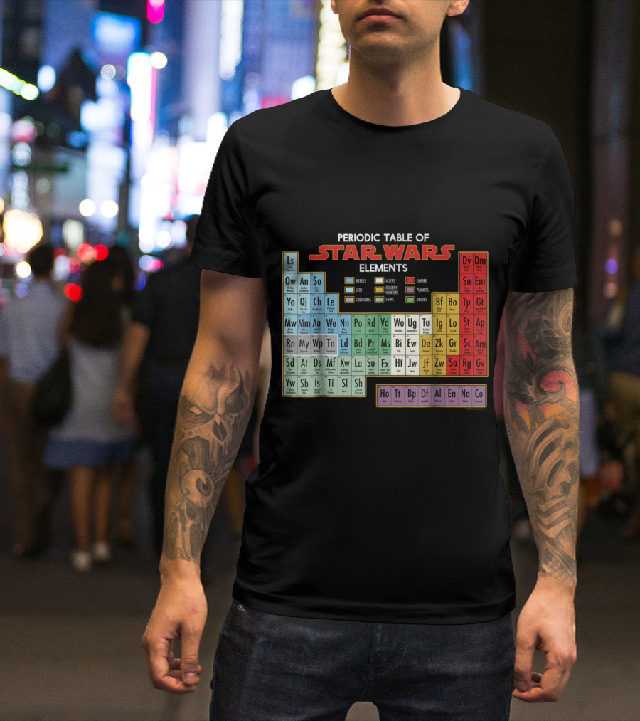Star Wars Periodic Table Of Elements Featuring Heroes Jedi Creatures Aliens Empire Planets T-Shirt