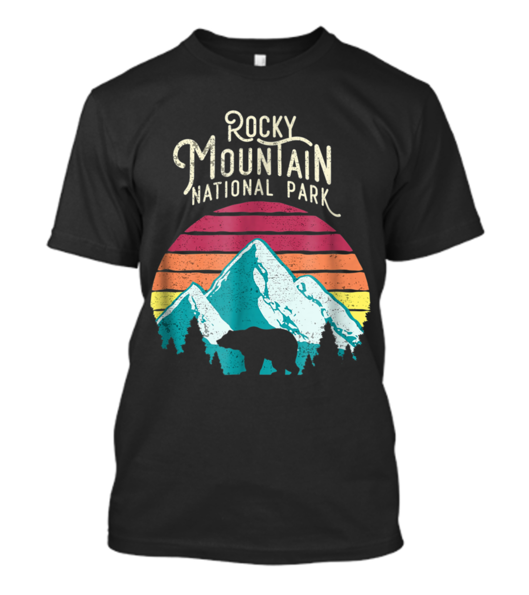 Retro Rocky Mountain National Park Bear Silhouette With Sunset Stripes T-Shirt