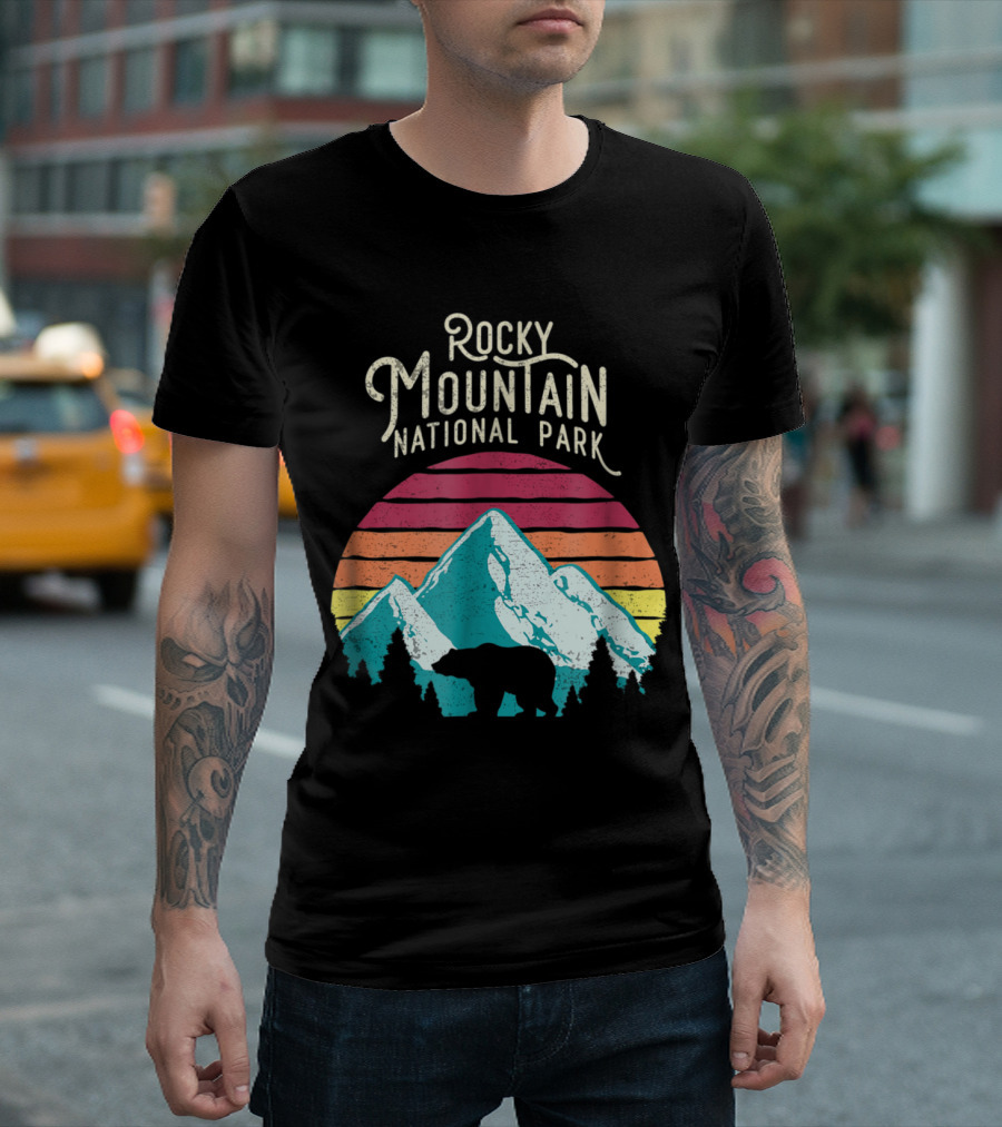 Retro Rocky Mountain National Park Bear Silhouette With Sunset Stripes T-Shirt