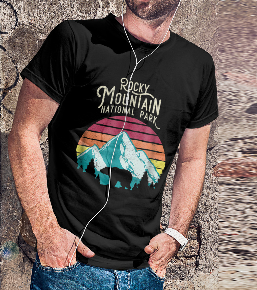 Retro Rocky Mountain National Park Bear Silhouette With Sunset Stripes T-Shirt