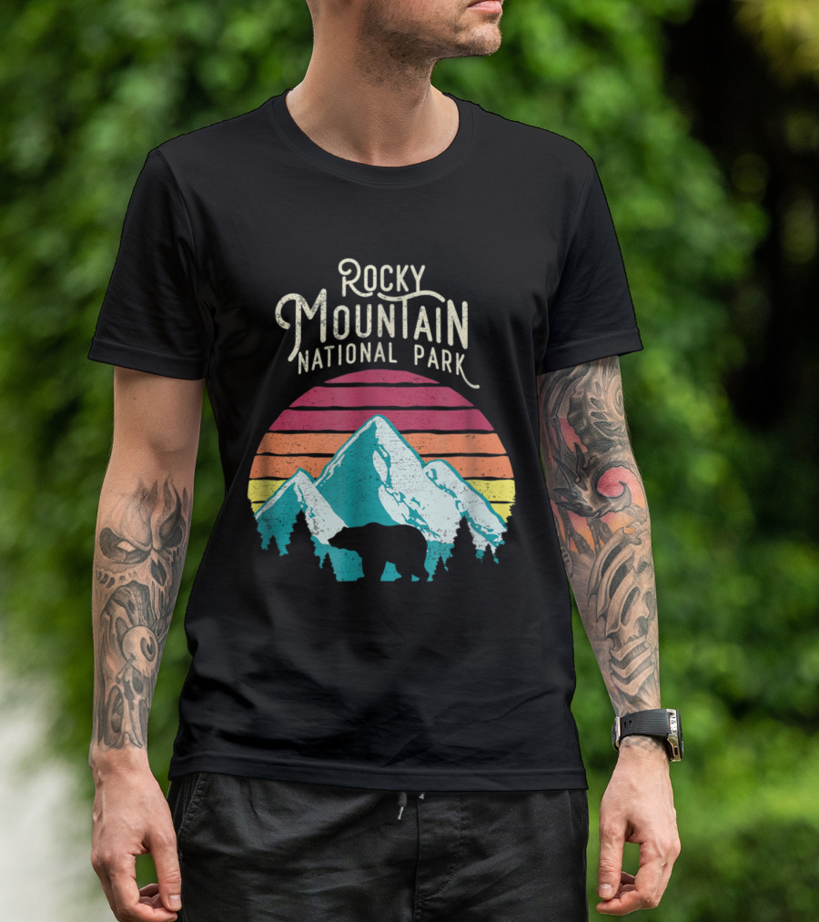 Retro Rocky Mountain National Park Bear Silhouette With Sunset Stripes T-Shirt
