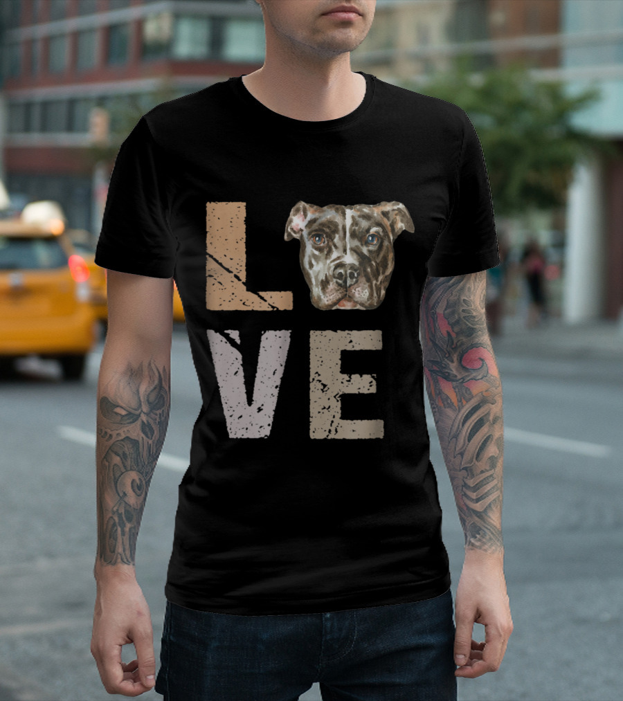Love Pitbull Dog Face In Letter T-Shirt