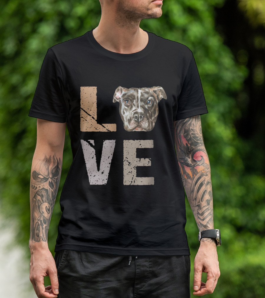 Love Pitbull Dog Face In Letter T-Shirt