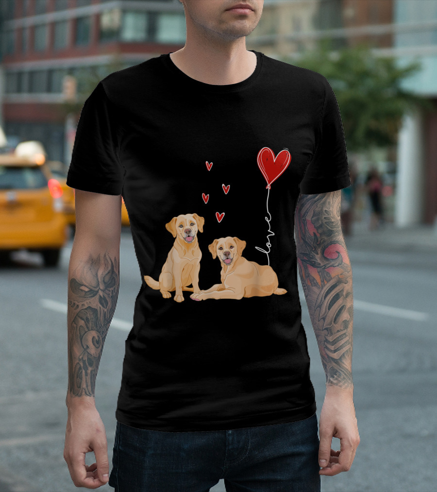 Labrador Dogs Sitting with Love Red Heart Balloon and Heart Accents T-Shirt