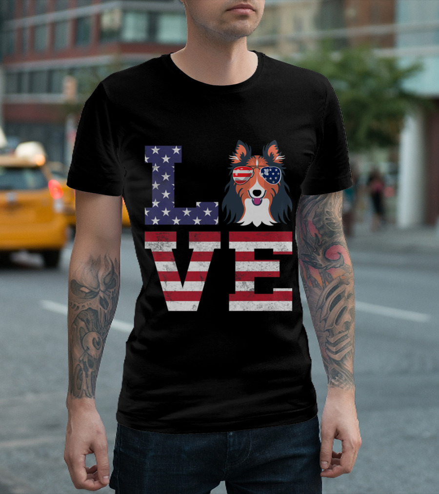 Love Rough Collie American Flag Sunglasses Patriotic T-Shirt