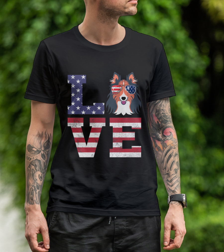 Love Rough Collie American Flag Sunglasses Patriotic T-Shirt