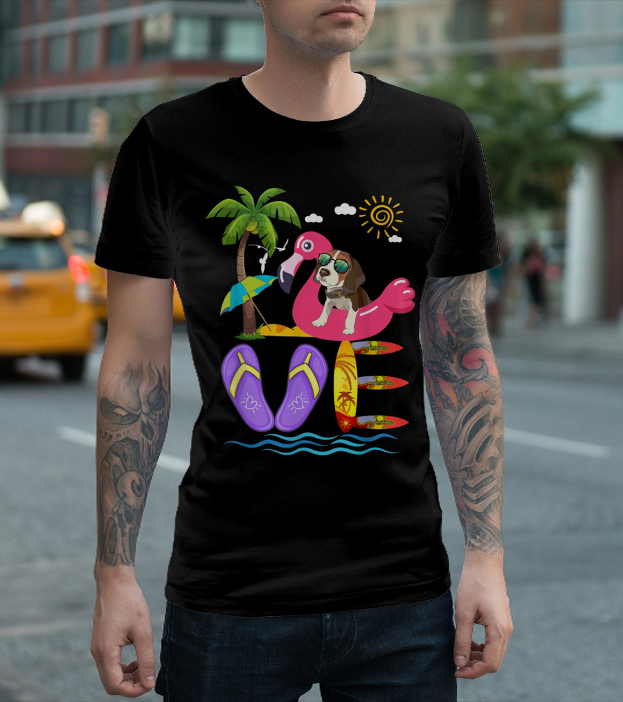 Love Summer Beagle Sunglasses Flamingo Floating Palm Tree Surfboards Purple Flip Flops T-Shirt