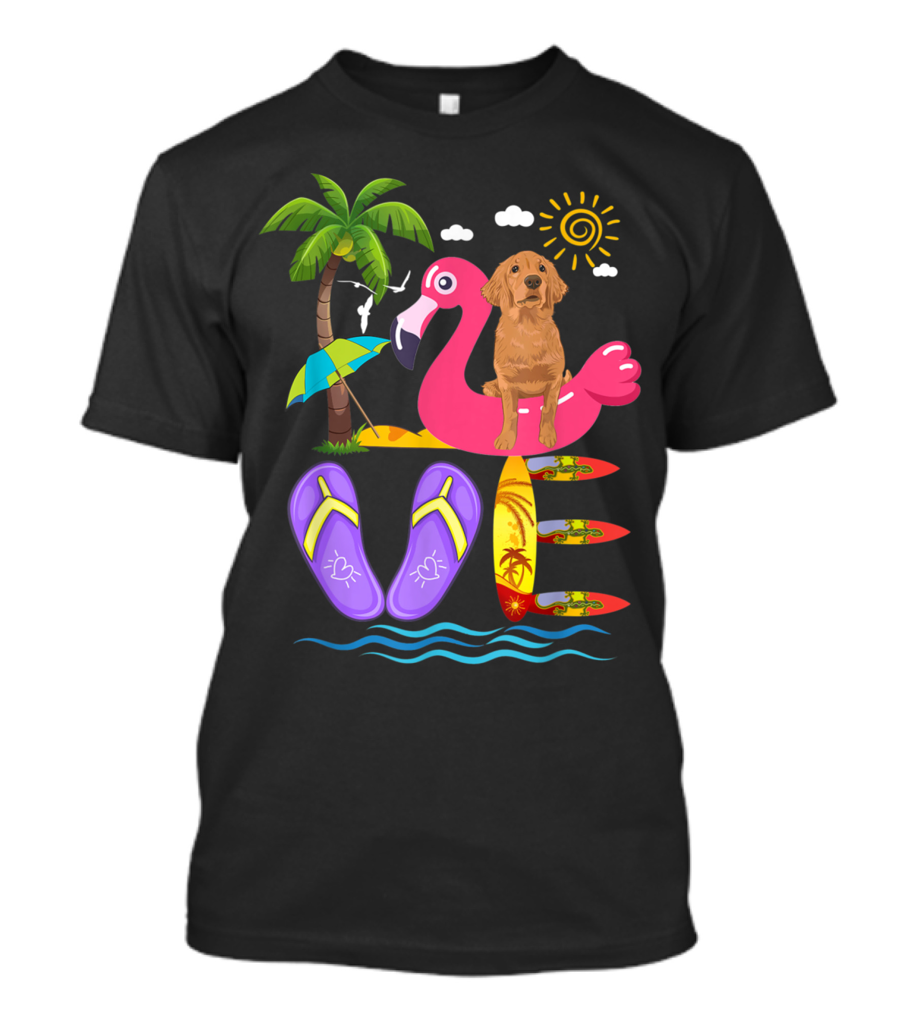 Golden Retriever Loves Summer Flamingo Flip Flops Palm Tree Surfboards T-Shirt