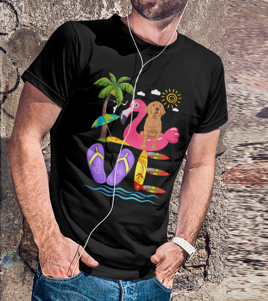 Golden Retriever Loves Summer Flamingo Flip Flops Palm Tree Surfboards T-Shirt