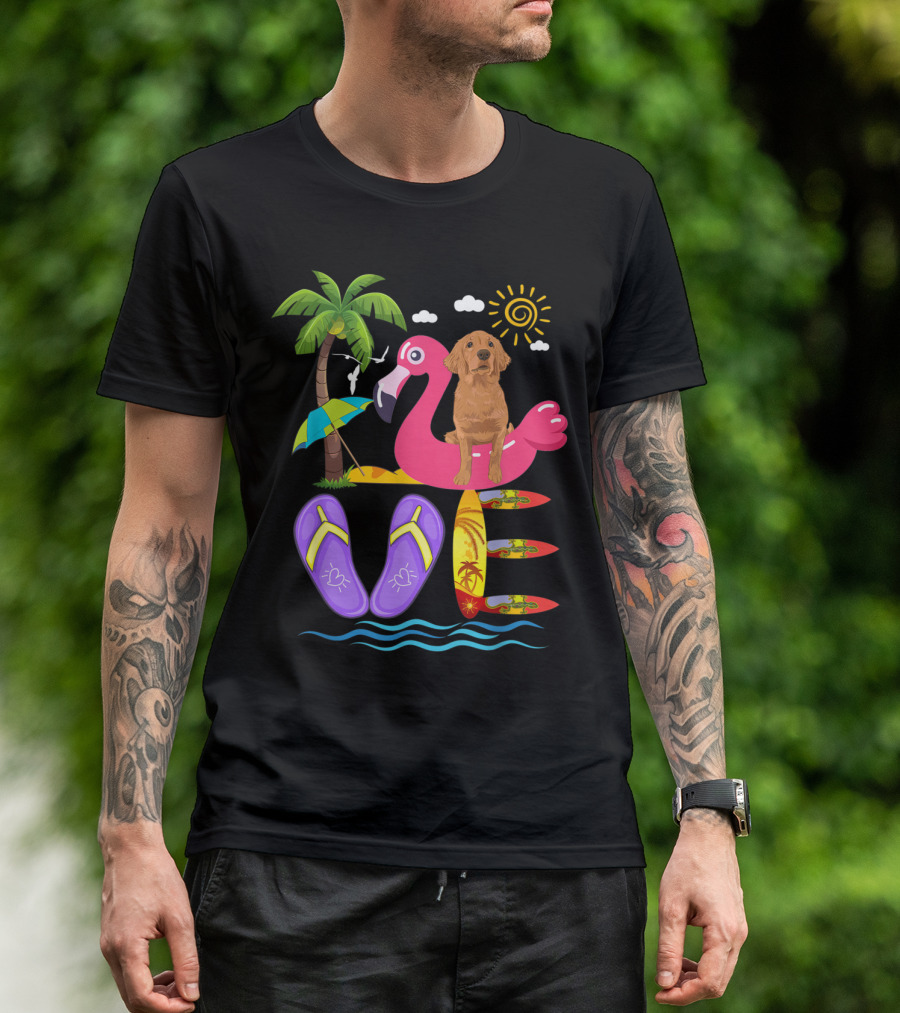 Golden Retriever Loves Summer Flamingo Flip Flops Palm Tree Surfboards T-Shirt