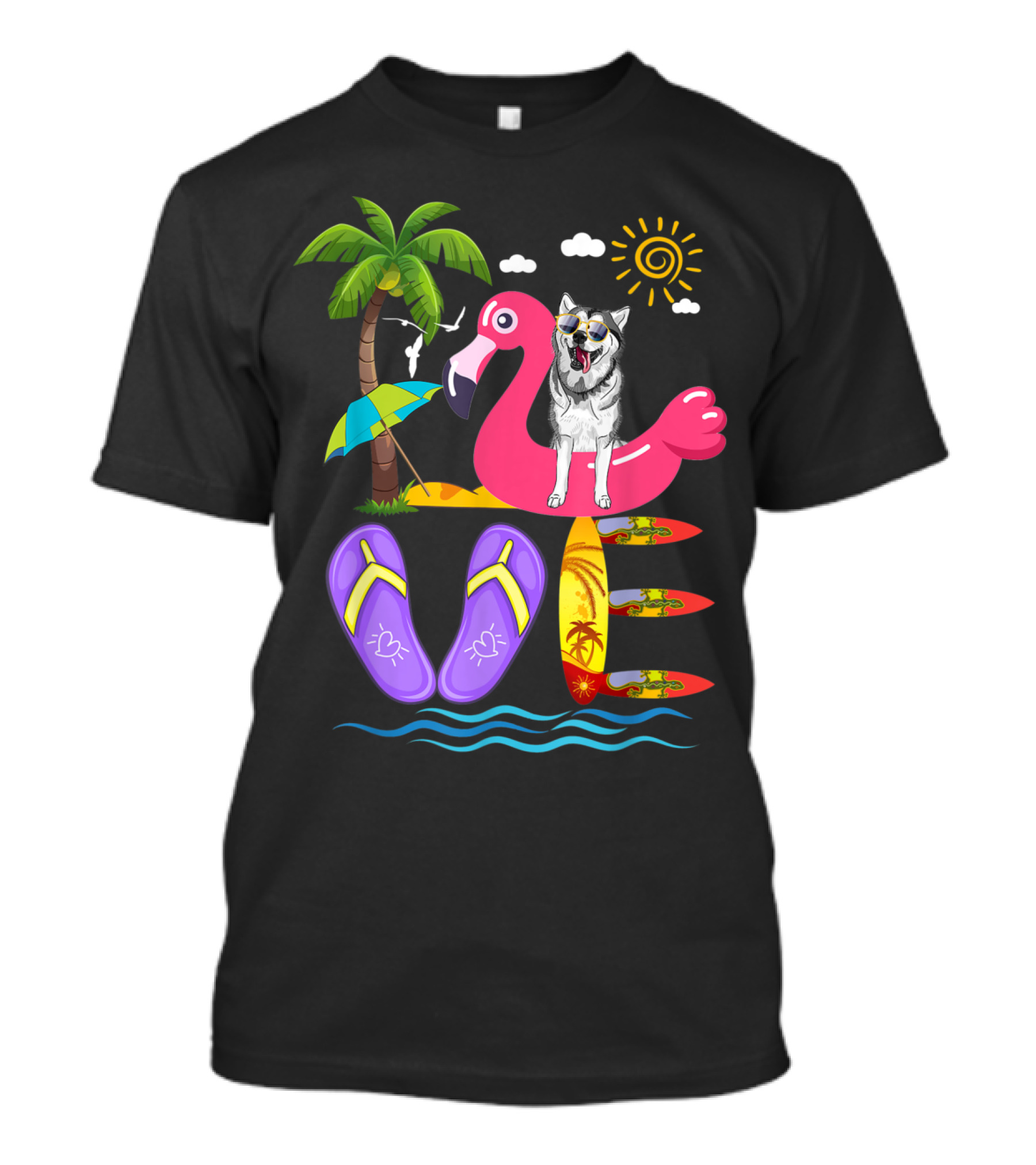 Husky On Flamingo With Summer Flip Flops And Surfboards Island Beach Scene T-Shirt