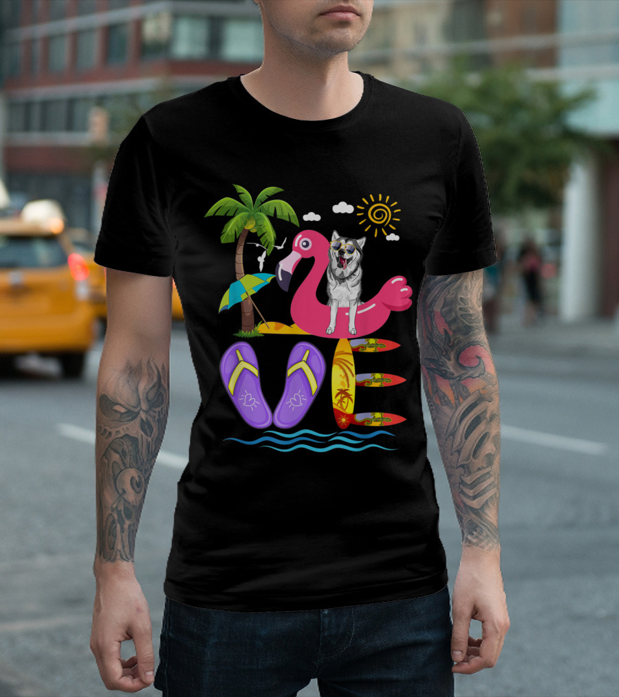 Husky on Flamingo with Summer Flip Flops and Surfboards Island Beach Scene T-Shirt