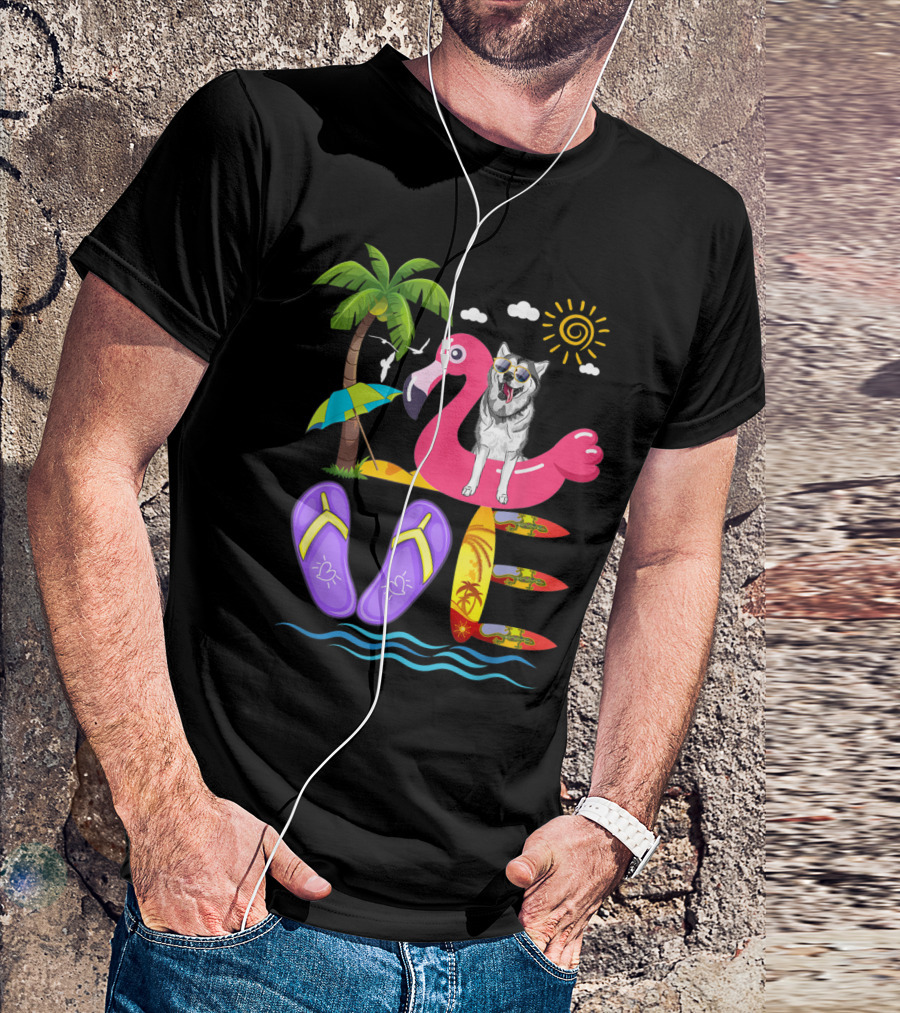 Husky On Flamingo With Summer Flip Flops And Surfboards Island Beach Scene T-Shirt