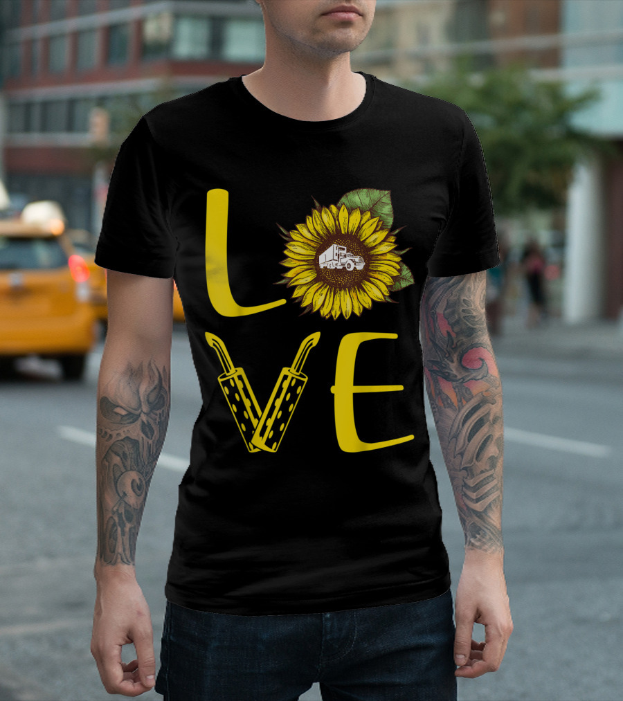 LOVE Sunflower with Truck Exhaust Design Element Trucker T-Shirt