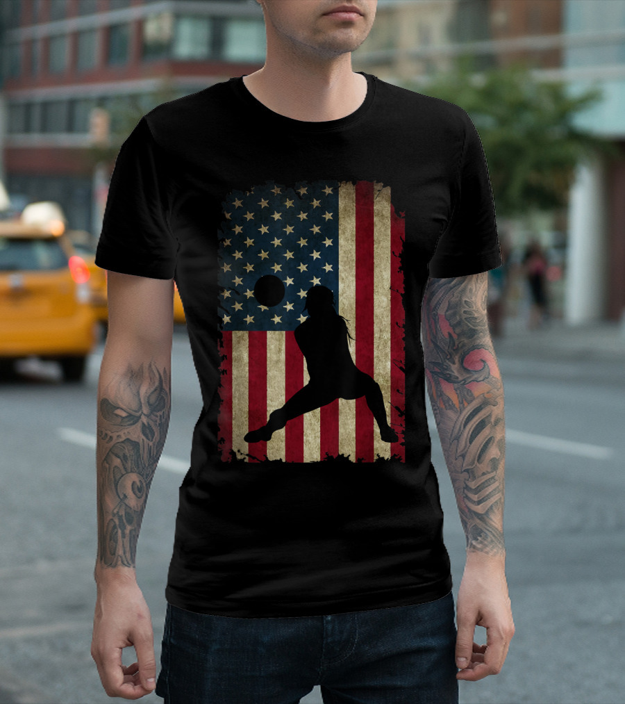 Love USA Volleyball Dig Silhouette on American Flag Background T-Shirt