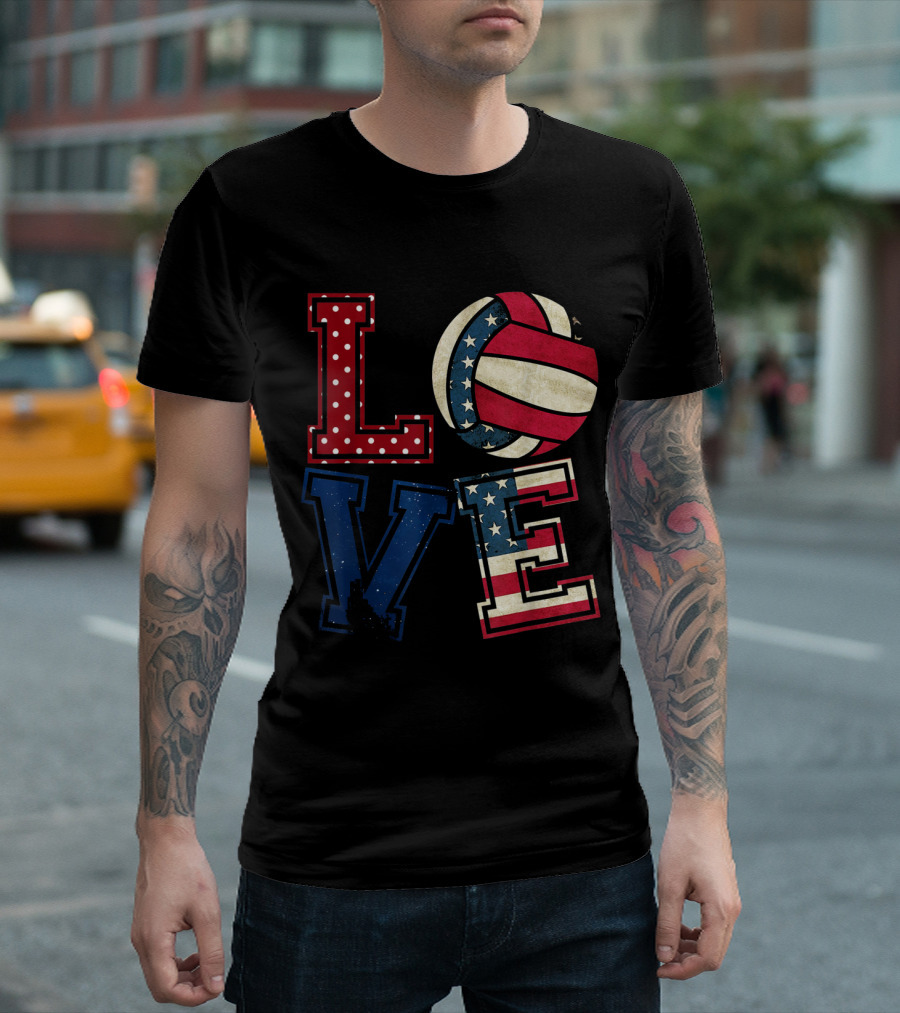 LOVE Volleyball USA Flag Patriotic American Volleyball Lover T-Shirt