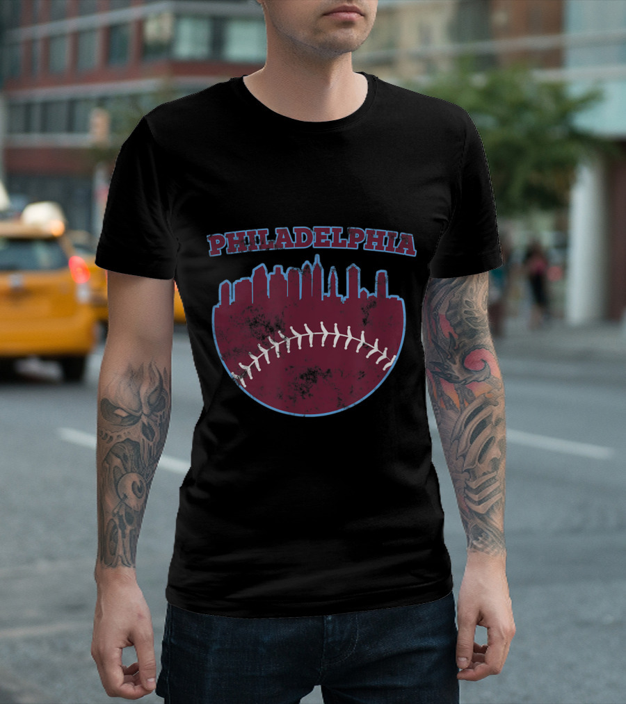 Philadelphia Baseball Skyline with City Silhouette and Vintage Look T-Shirt