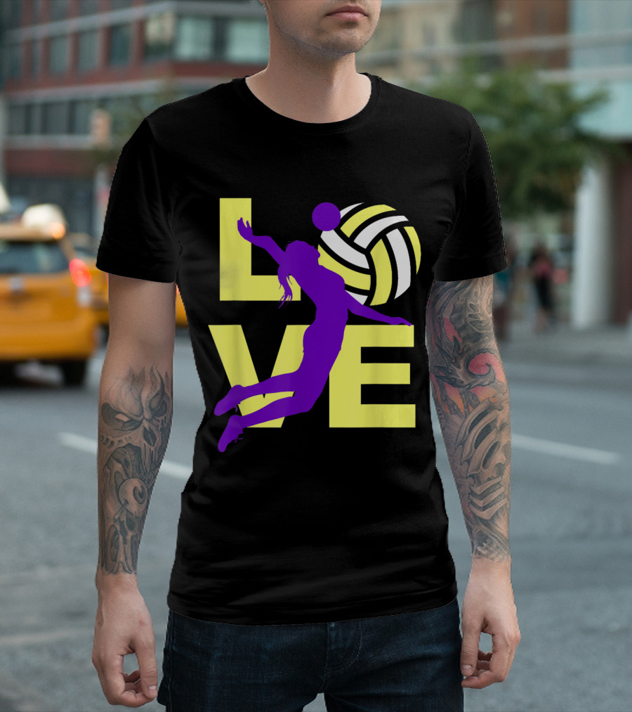 LOVE Volleyball Teen Girls Yellow Lettering Purple Silhouette Spiking Volleyball T-Shirt