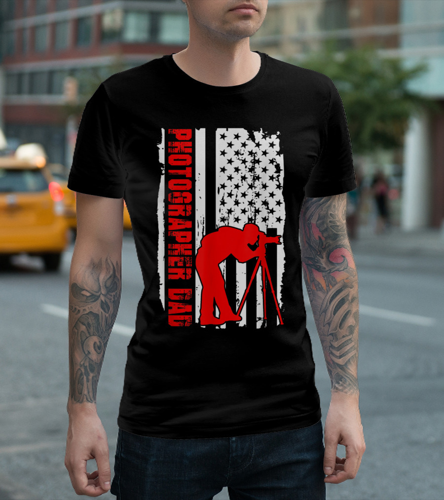American Flag Style Photographer Dad with Red Silhouette Taking Picture T-Shirt