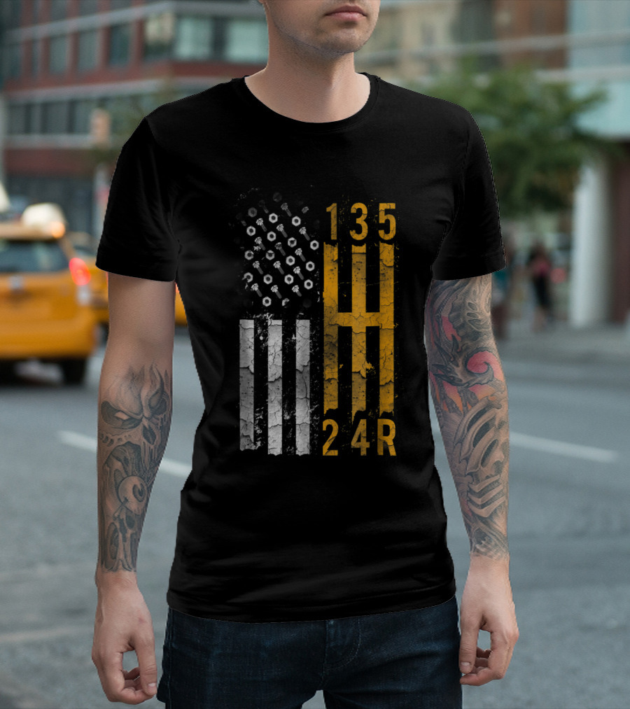 American Flag Pattern Gear Shift Muscle Car Enthusiast T-Shirt