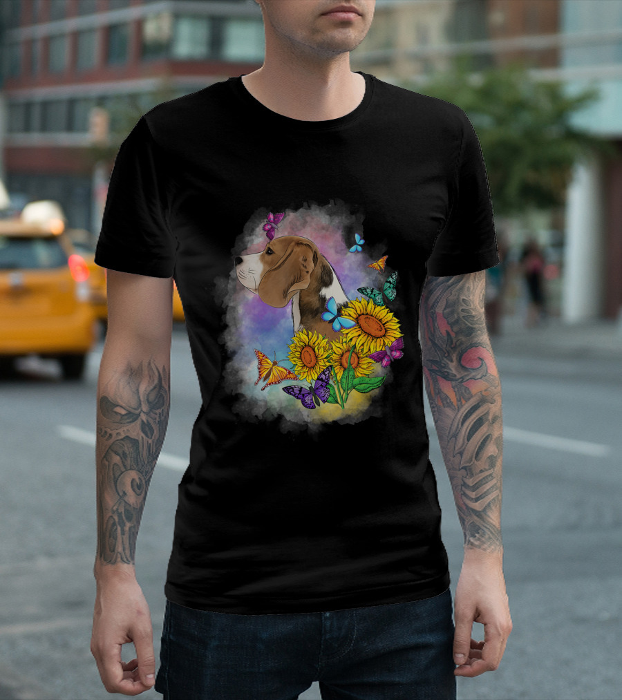 Lovely Beagle With Sunflowers And Butterflies T-Shirt