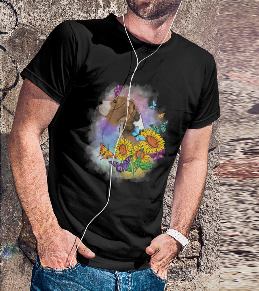Lovely Beagle With Sunflowers And Butterflies T-Shirt