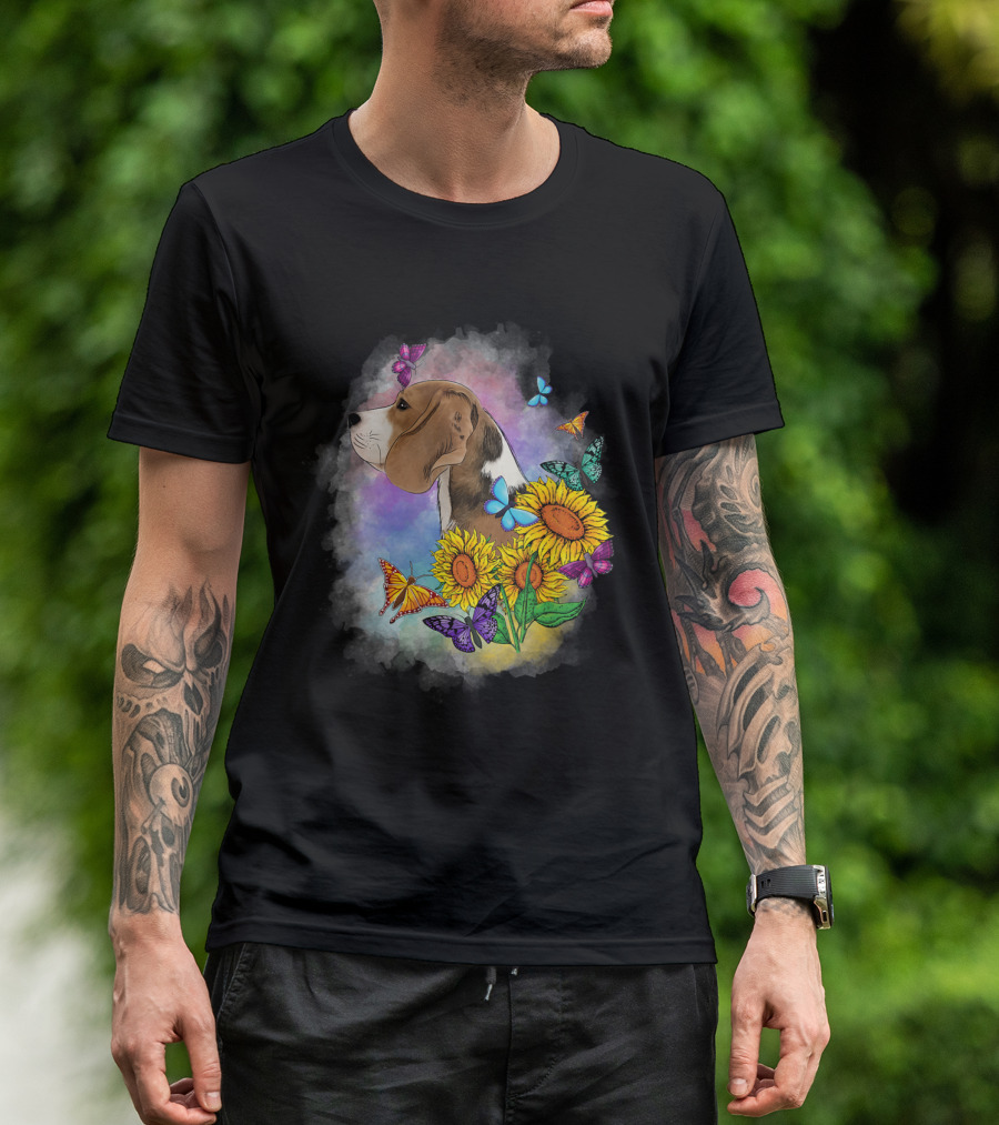 Lovely Beagle With Sunflowers And Butterflies T-Shirt