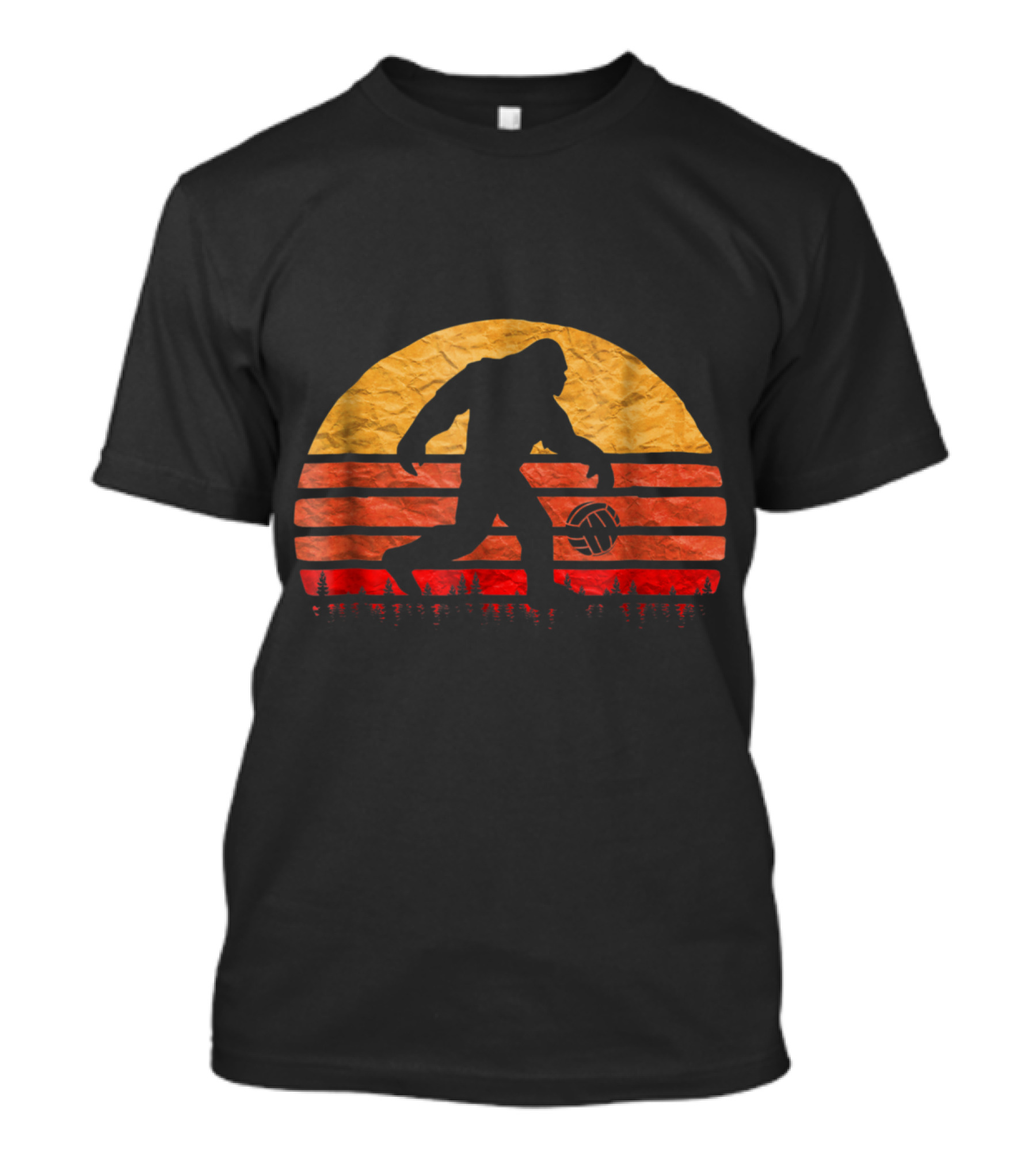 Retro Vintage Bigfoot Playing Volleyball Sunset Stripes T-Shirt