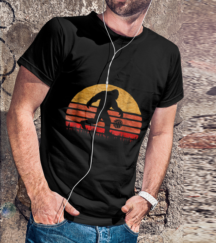Retro Vintage Bigfoot Playing Volleyball Sunset Stripes T-Shirt