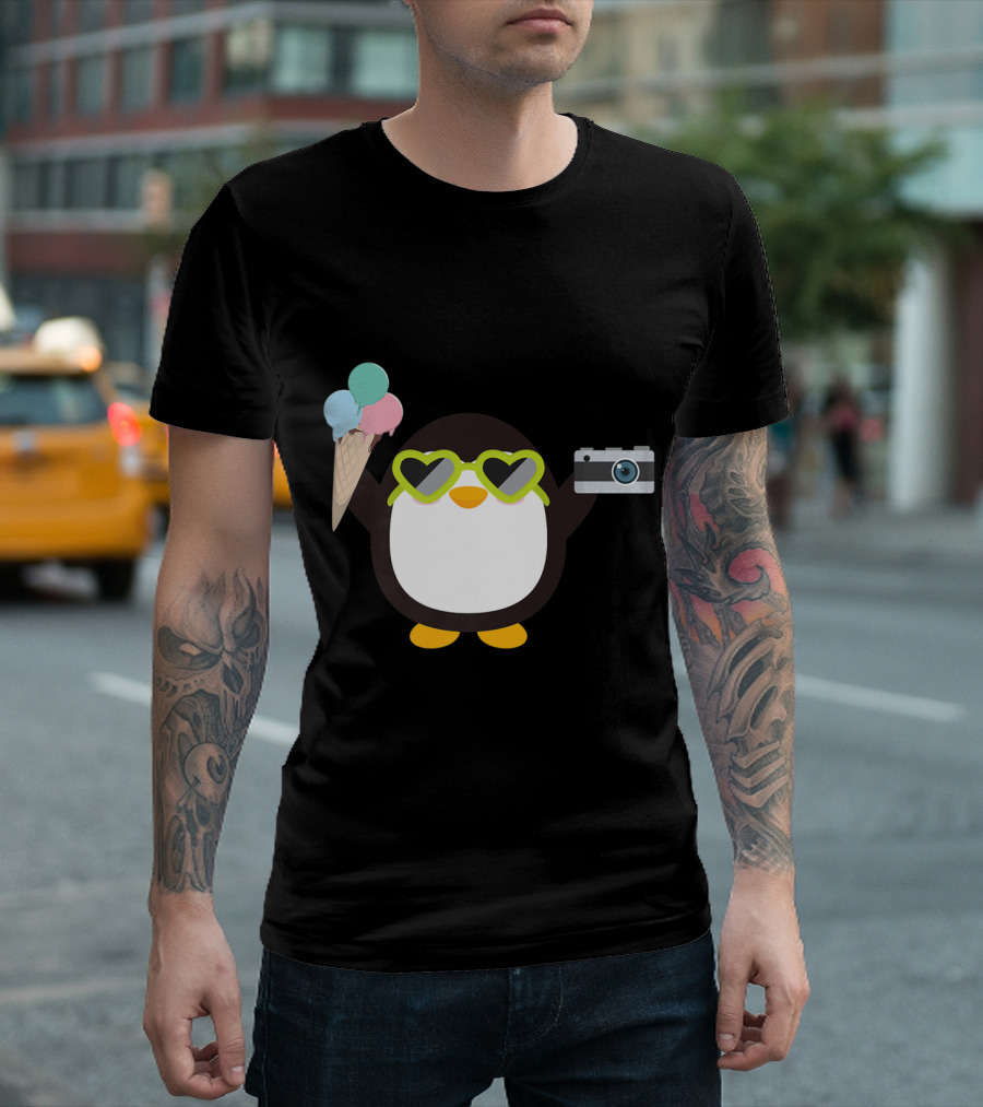 Penguin with Camera and Heart Glasses Holding Ice Cream Cone T-Shirt