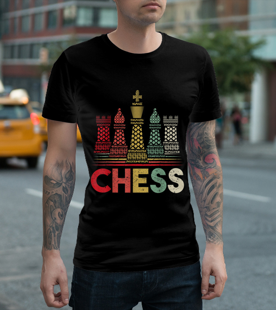 Vintage Retro Chess Pieces Graphic with Bold Text Chess T-Shirt