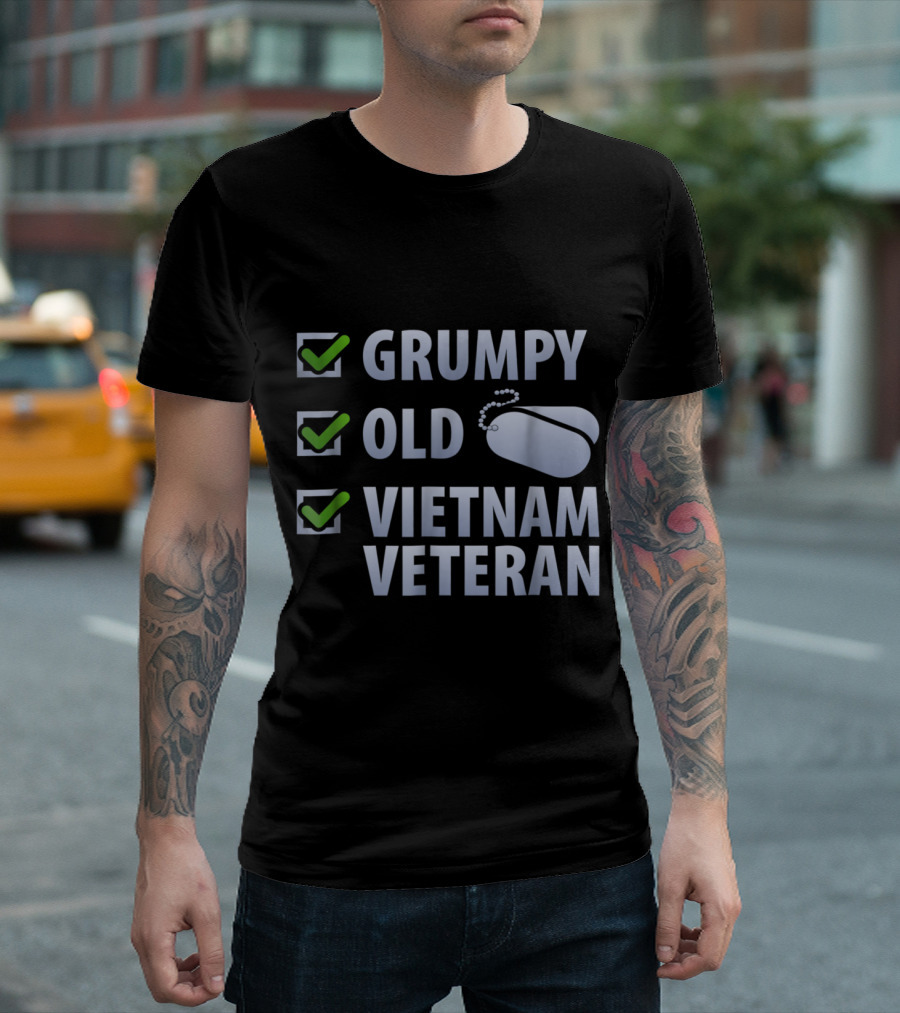 Grumpy Old Vietnam Veteran with Dog Tags and Check Marks T-Shirt