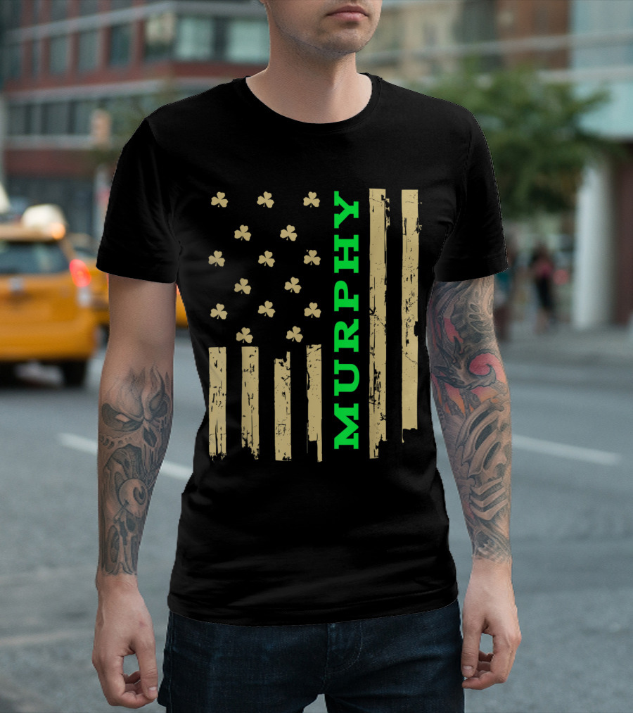 Murphy Green Text Distressed Flag with Shamrock Elements T-Shirt